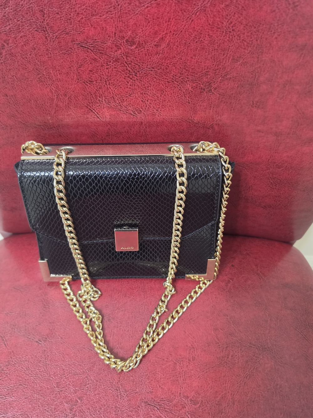 ALDO Black Faux-Snake Crossbody Bag with Gold Chain
